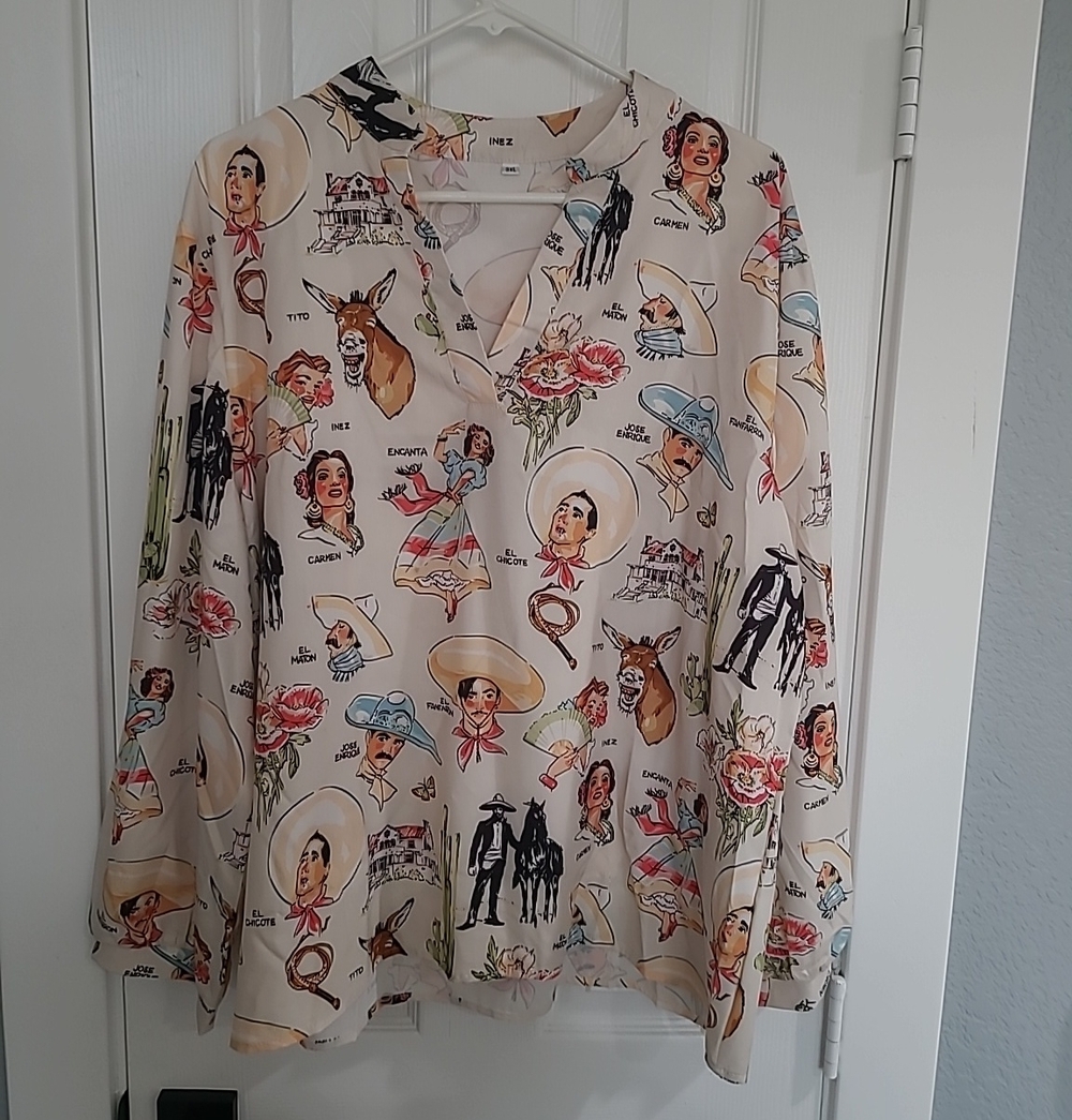 INEZ Cream Western-Print Long Sleeve Blouse